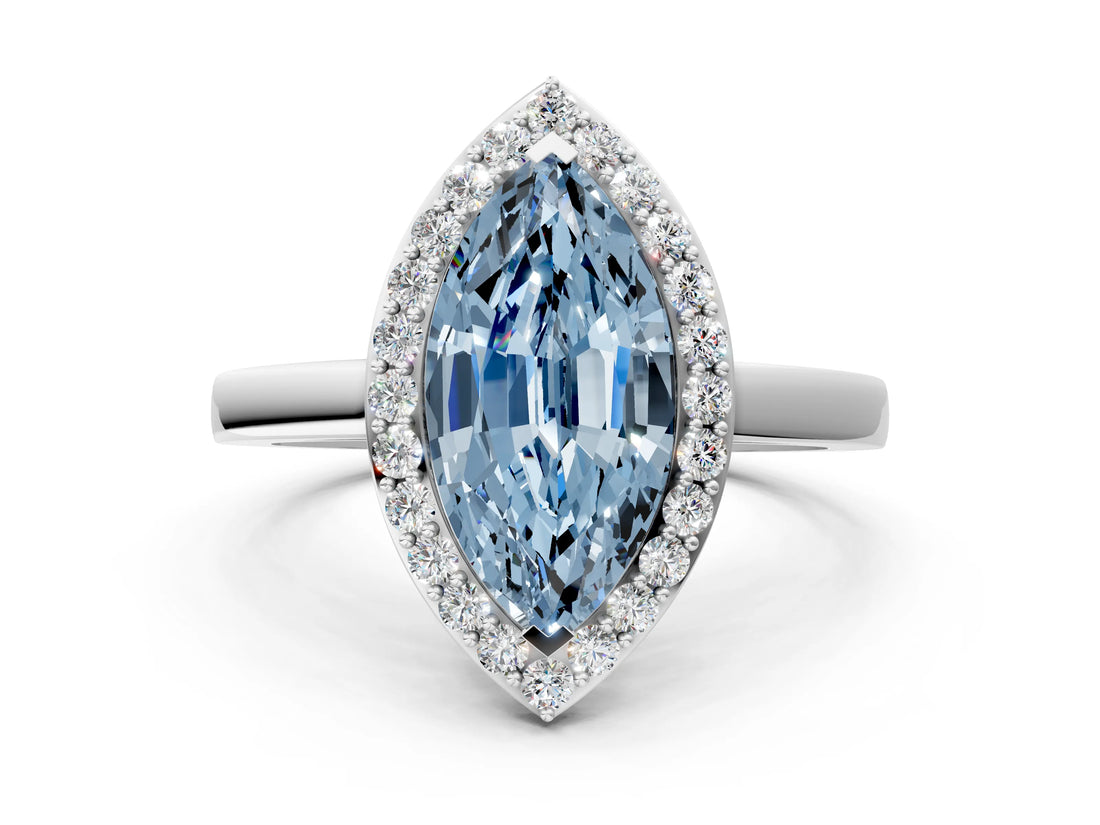White gold Fancy Blue Marquise Cut Halo Diamond Ring with Solitaire Band and Prong Setting