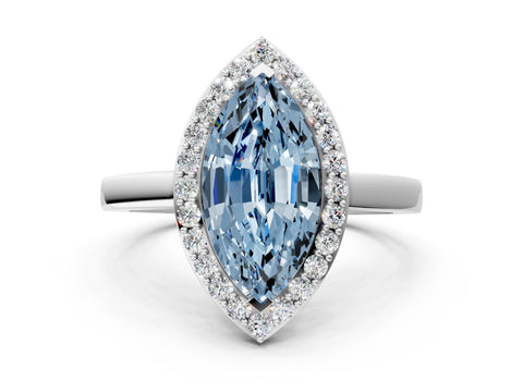 White gold Fancy Blue Marquise Cut Halo Diamond Ring with Solitaire Band and Prong Setting