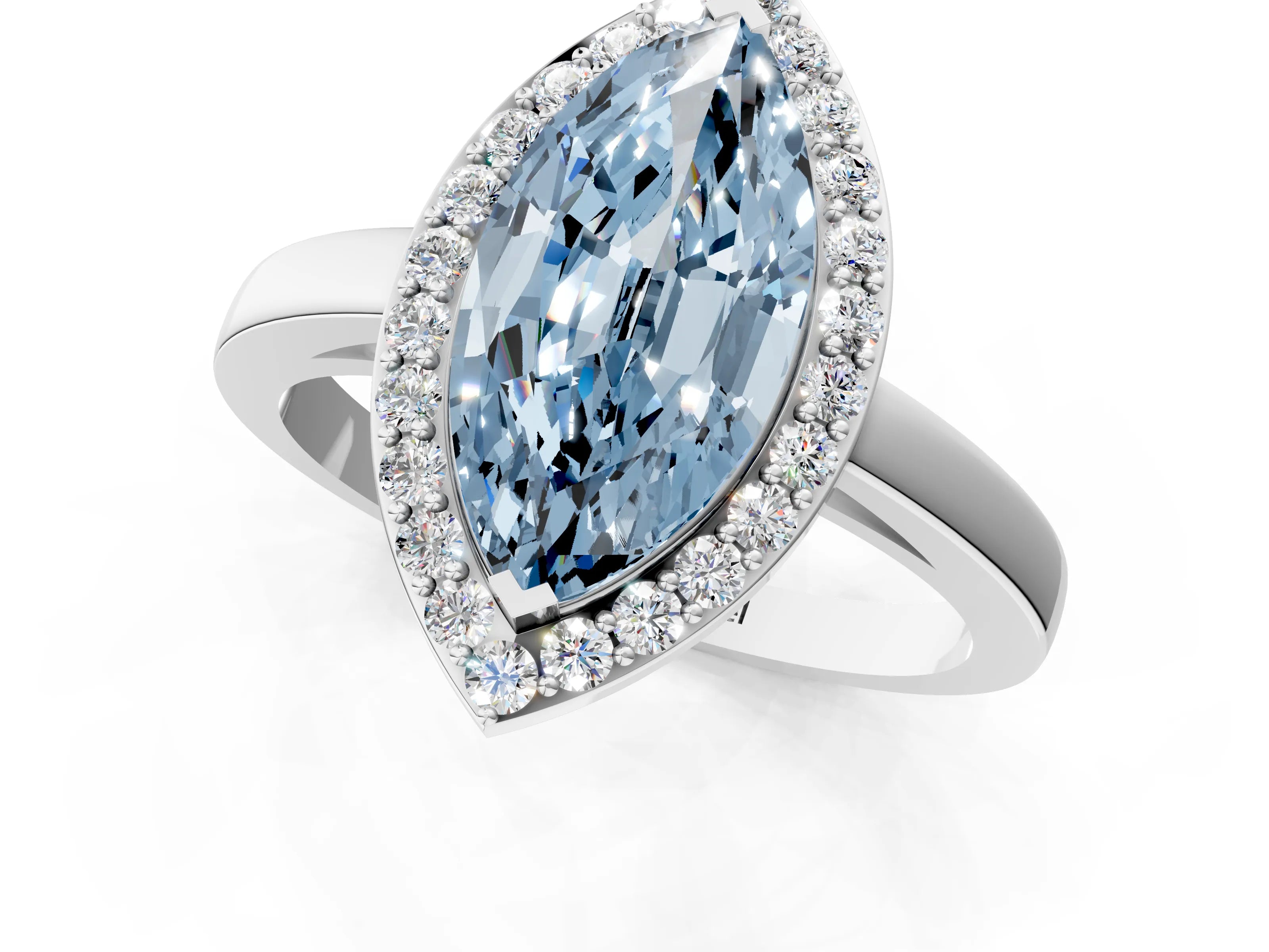 White gold Fancy Blue Marquise Cut Halo Diamond Ring with Solitaire Band and Prong Setting_1