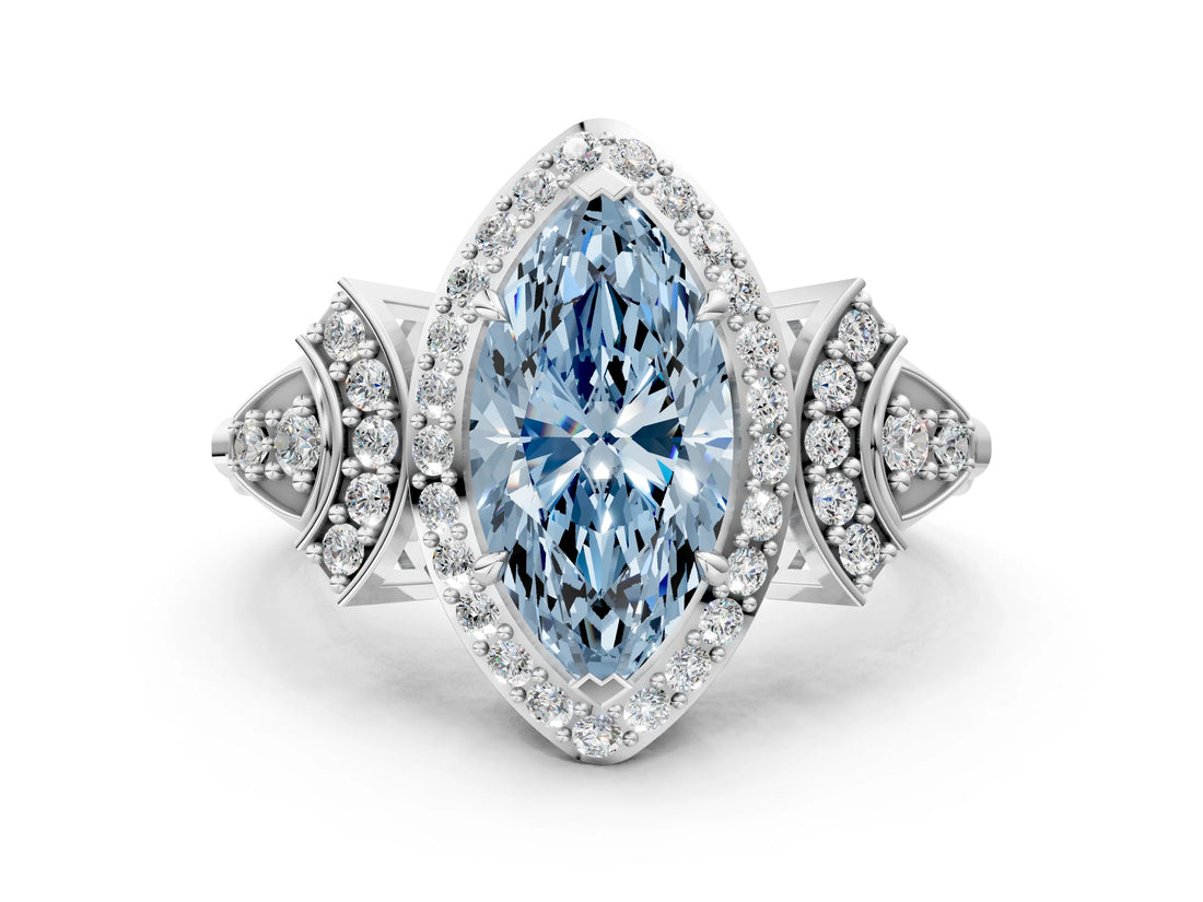 White gold Fancy Blue Marquise Cut Halo Diamond Split Shank Engagement Ring with Four-Prong Setting