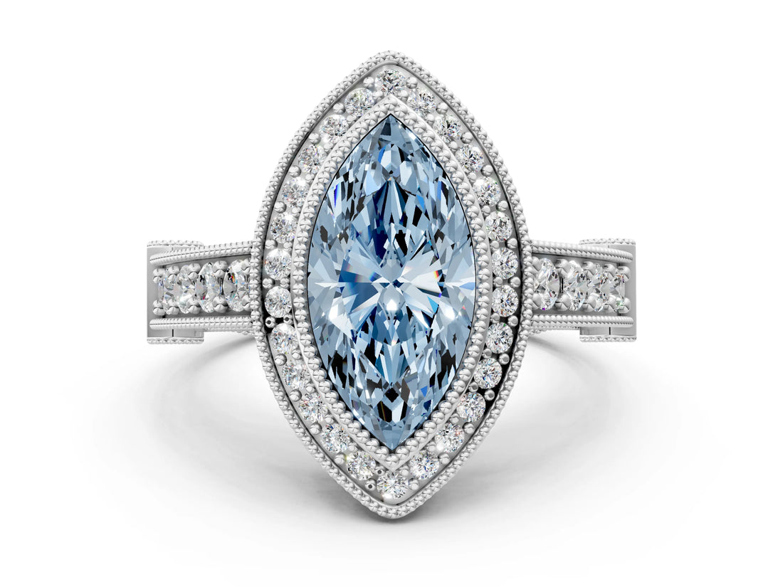 White gold Fancy Blue Marquise Cut Halo Diamond Split Shank Pave Ring