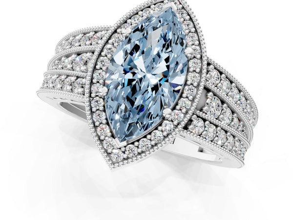 White gold Fancy Blue Marquise Cut Halo Diamond Split Shank Ring with Prong Setting