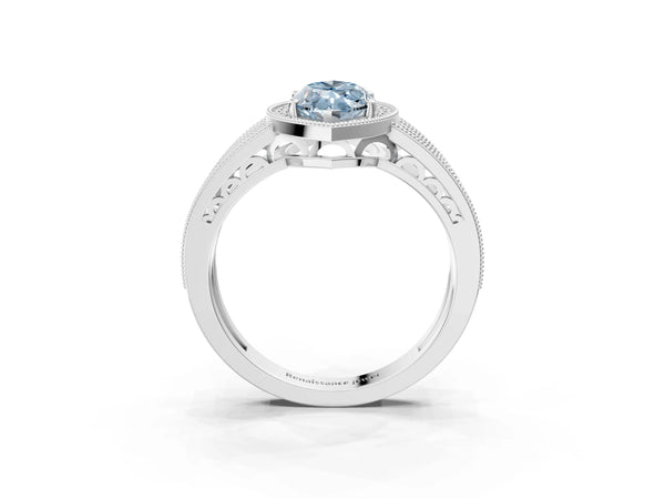 White gold Fancy Blue Marquise Cut Halo Diamond Split Shank Ring with Prong Setting