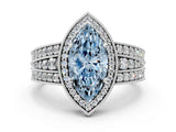 White gold Fancy Blue Marquise Cut Halo Diamond Split Shank Ring with Prong Setting