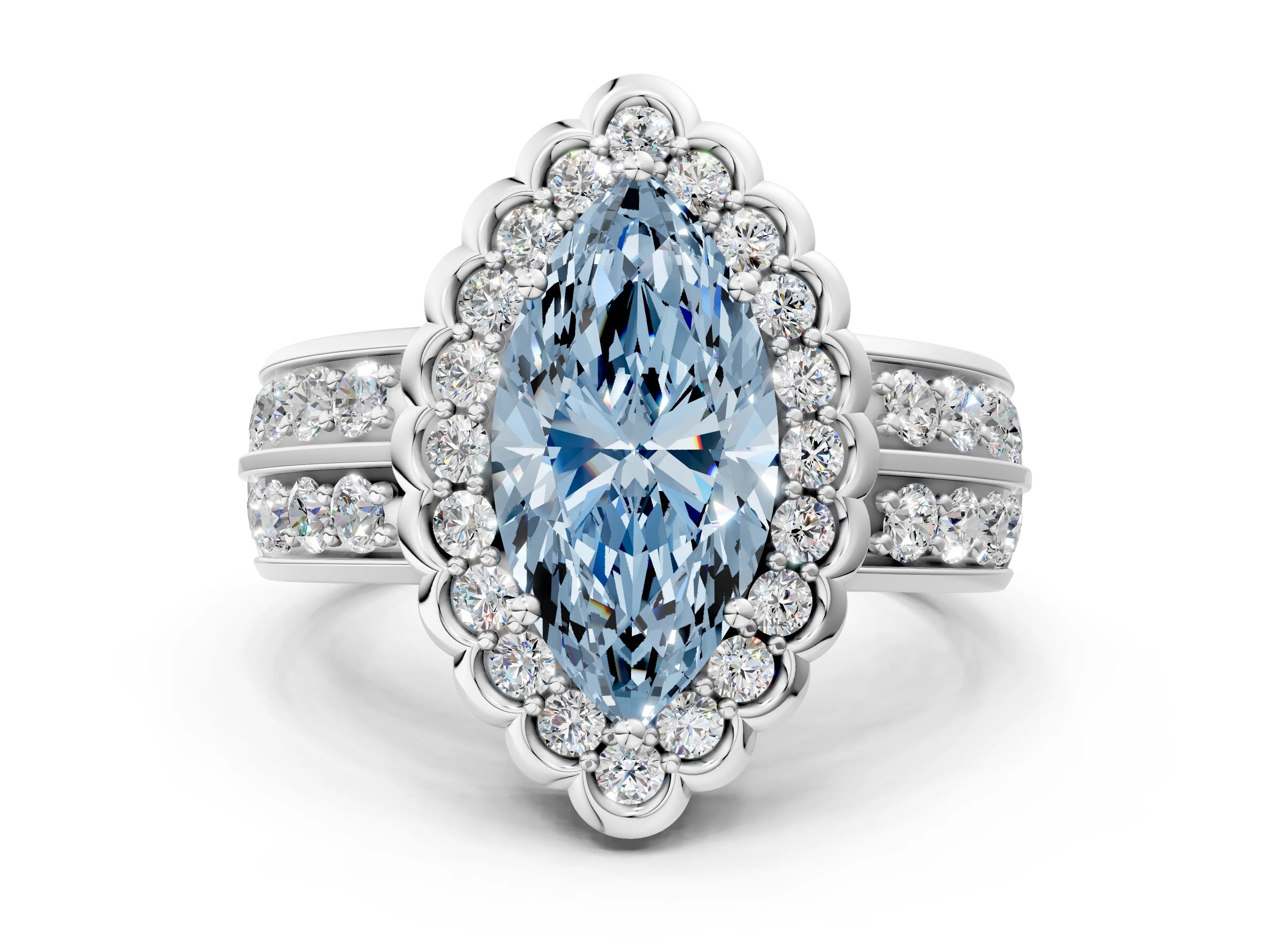 White gold Fancy Blue Marquise Cut Halo Diamond Split Shank Ring with Scalloped Prong Setting_12