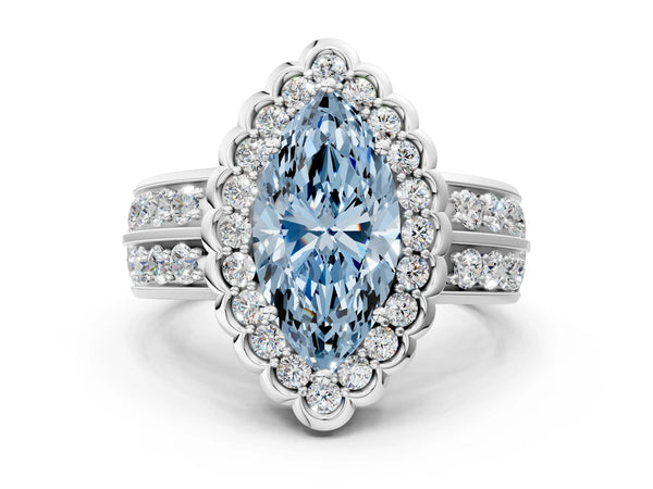Platinum Fancy Blue Marquise Cut Halo Diamond Split Shank Ring with Scalloped Prong Setting