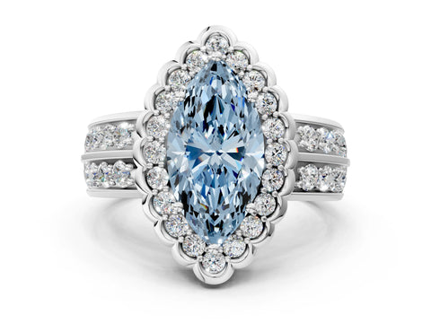 White gold Fancy Blue Marquise Cut Halo Diamond Split Shank Ring with Scalloped Prong Setting_12