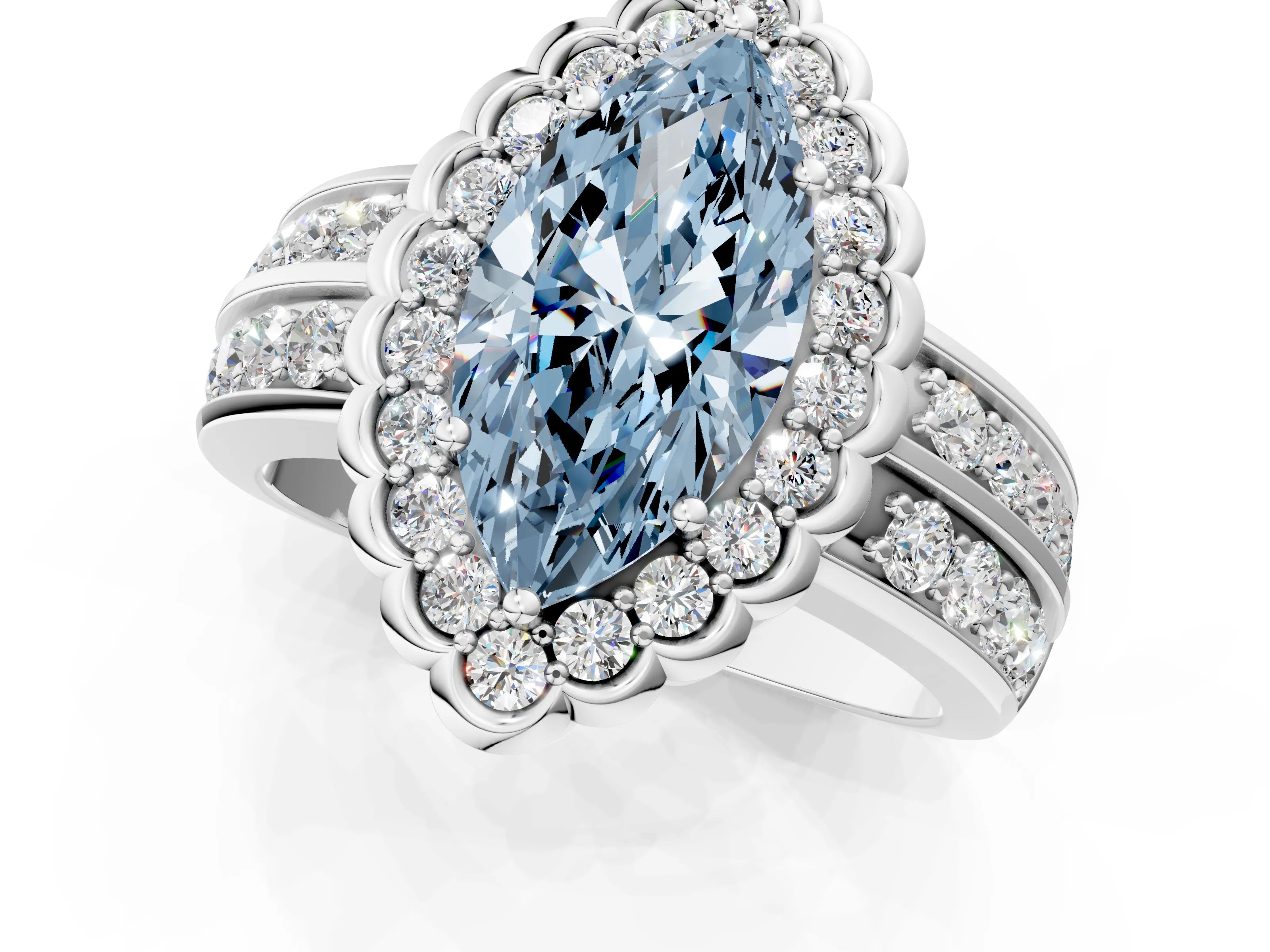 White gold Fancy Blue Marquise Cut Halo Diamond Split Shank Ring with Scalloped Prong Setting_13