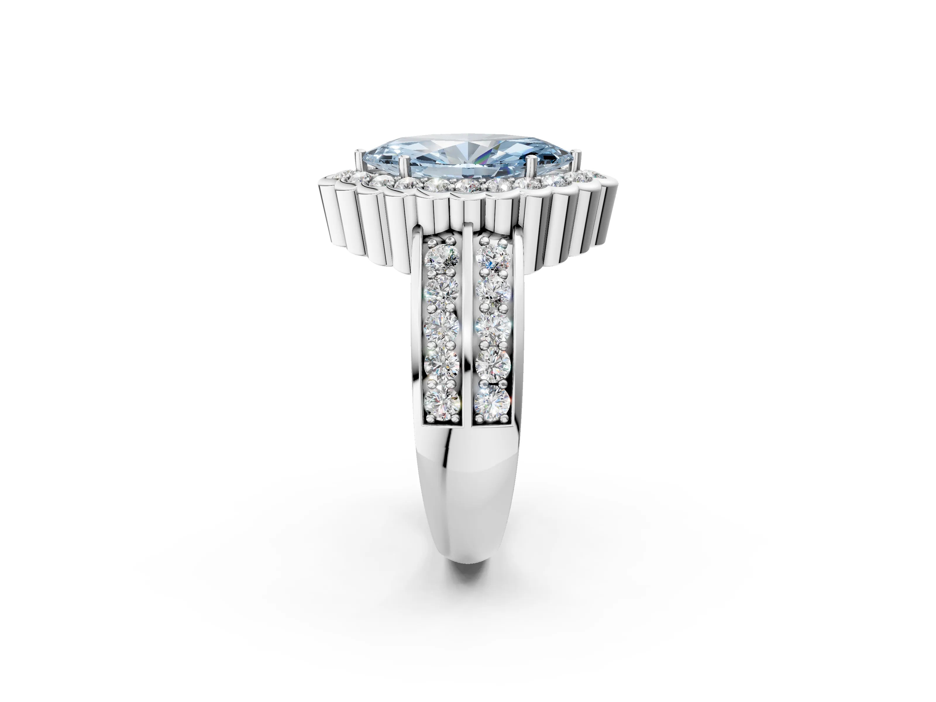 White gold Fancy Blue Marquise Cut Halo Diamond Split Shank Ring with Scalloped Prong Setting_14
