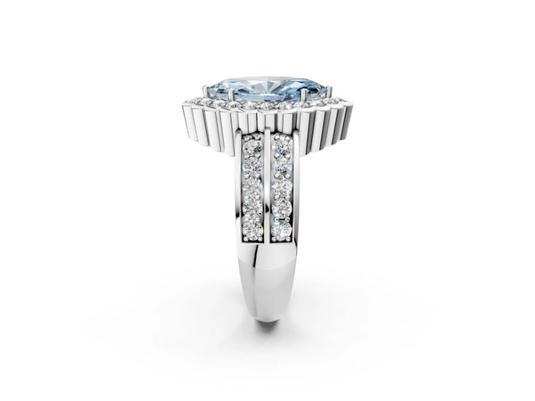 Platinum Fancy Blue Marquise Cut Halo Diamond Split Shank Ring with Scalloped Prong Setting