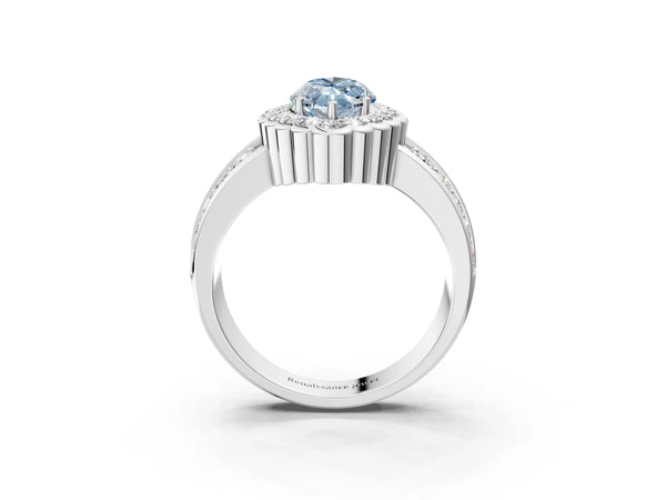 Platinum Fancy Blue Marquise Cut Halo Diamond Split Shank Ring with Scalloped Prong Setting