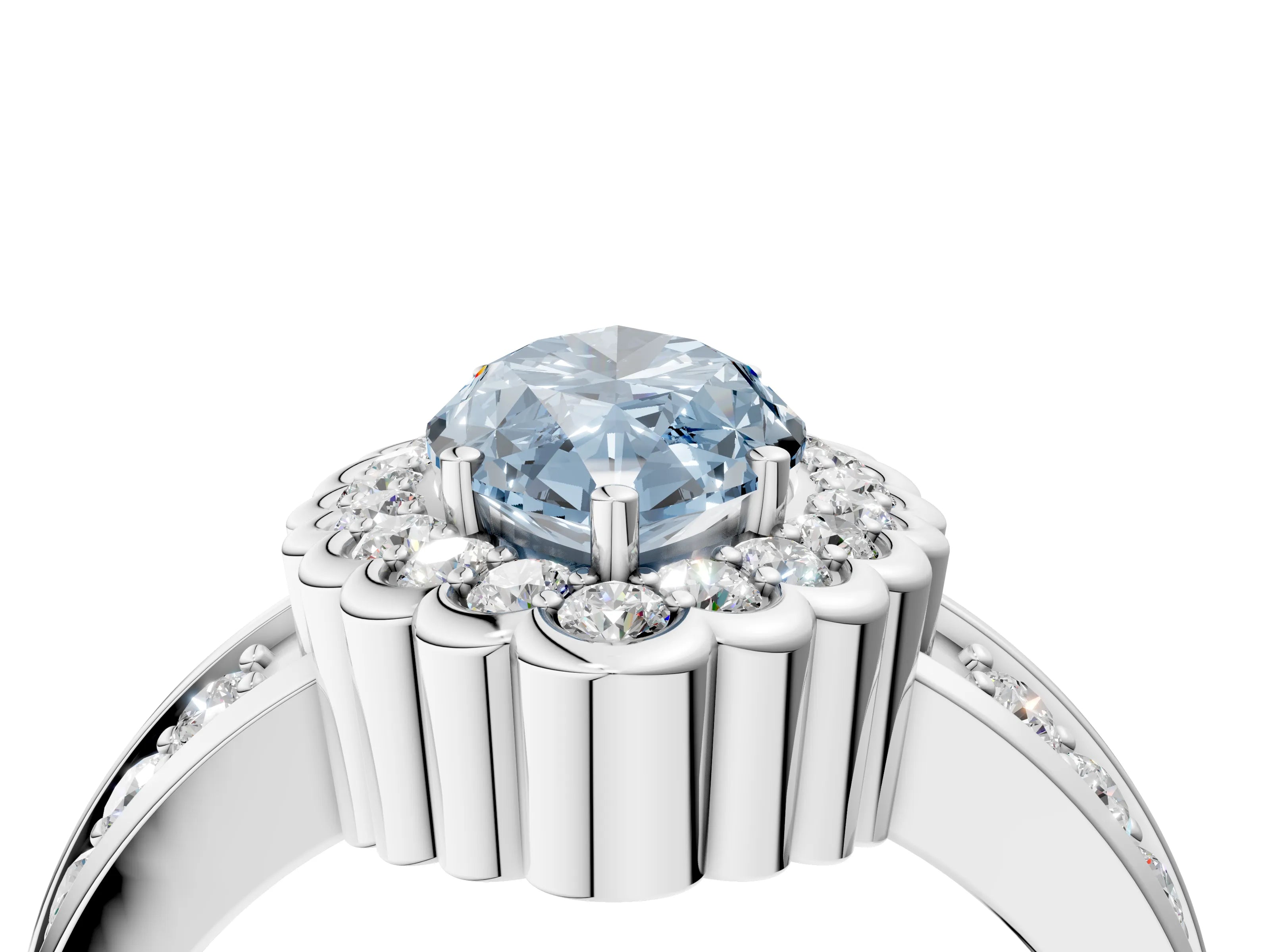 White gold Fancy Blue Marquise Cut Halo Diamond Split Shank Ring with Scalloped Prong Setting_16