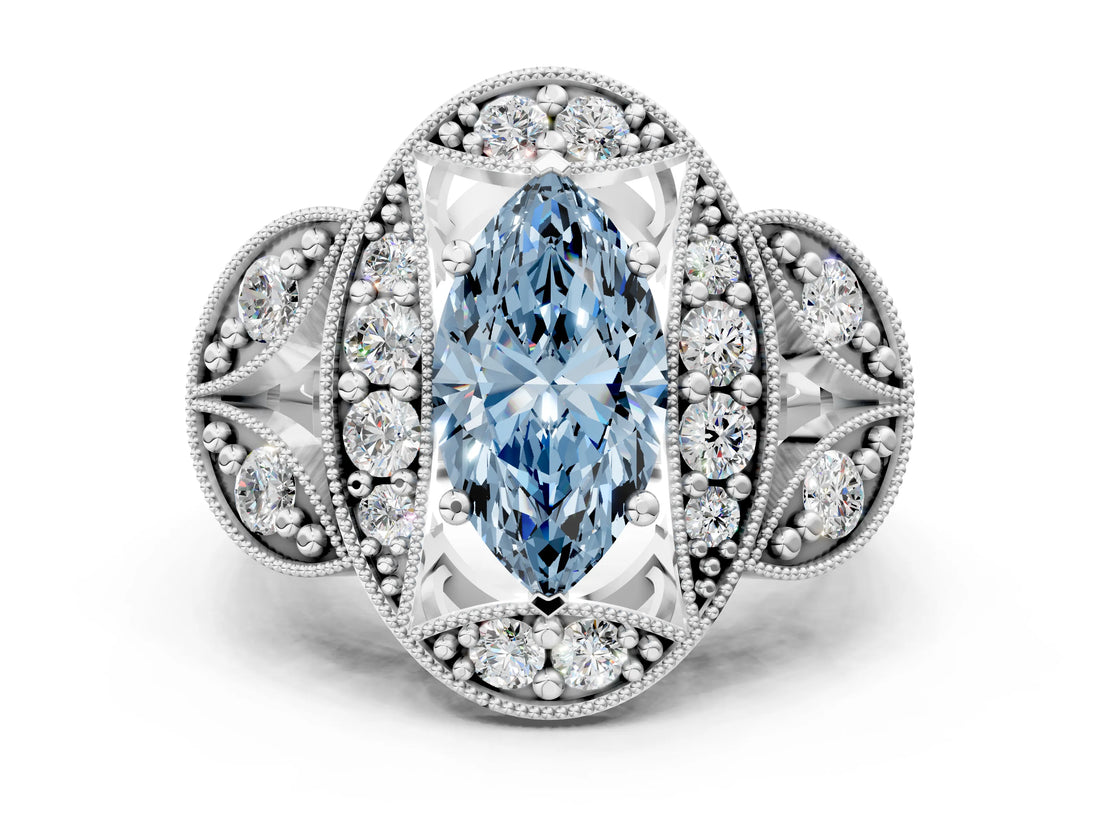 White gold Fancy Blue Marquise Cut Halo Milgrain Diamond Engagement Ring with Leaf Band and Four-Prong Setting
