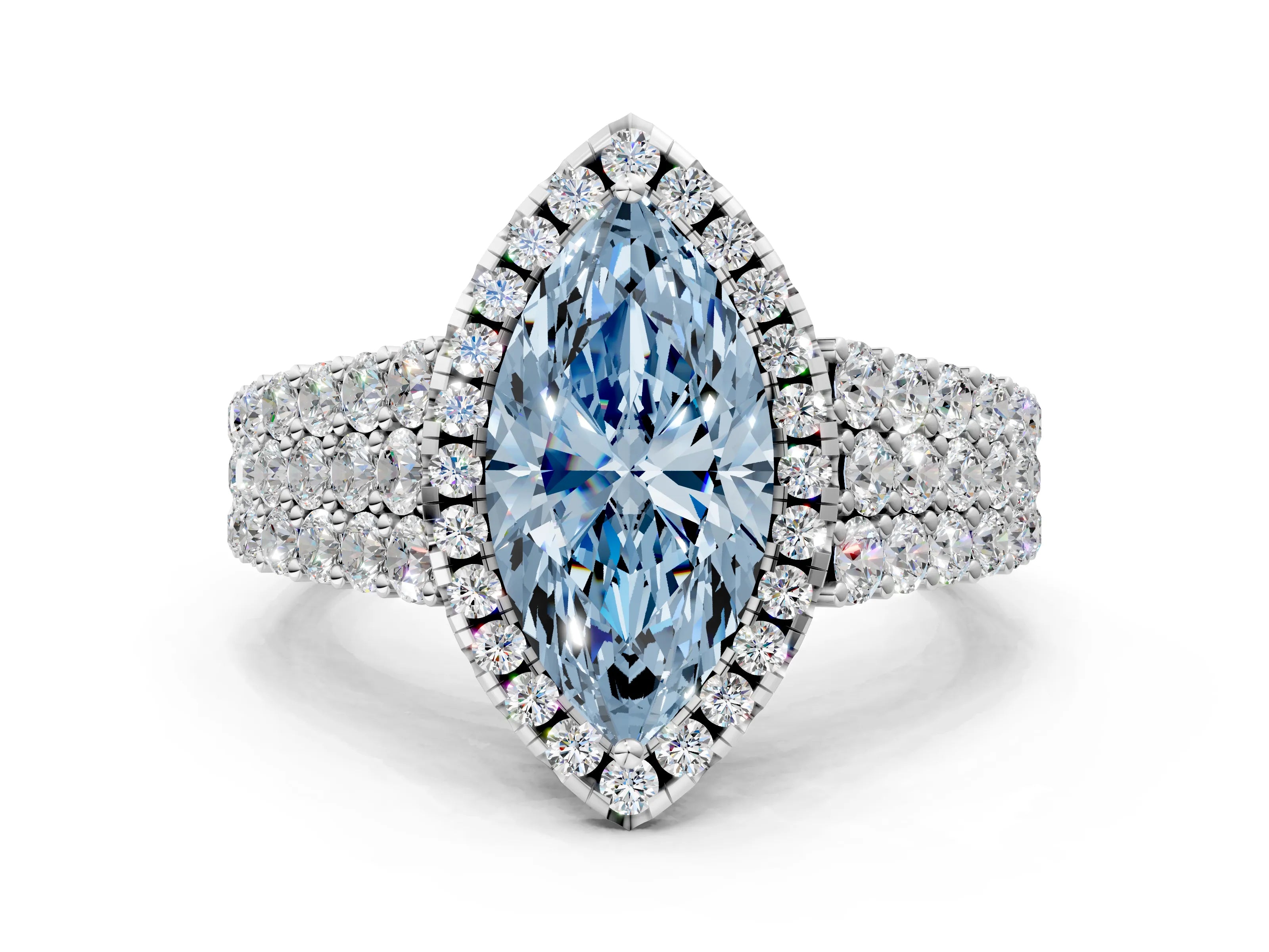 White gold Fancy Blue Marquise Cut Halo Pavé Diamond Engagement Ring with Split Shank and Four-Prong Setting_3