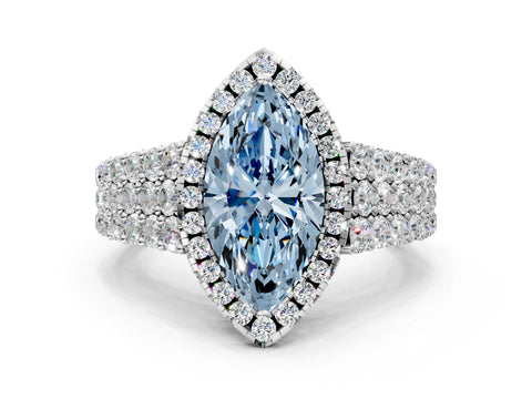 White gold Fancy Blue Marquise Cut Halo Pavé Diamond Engagement Ring with Split Shank and Four-Prong Setting_3