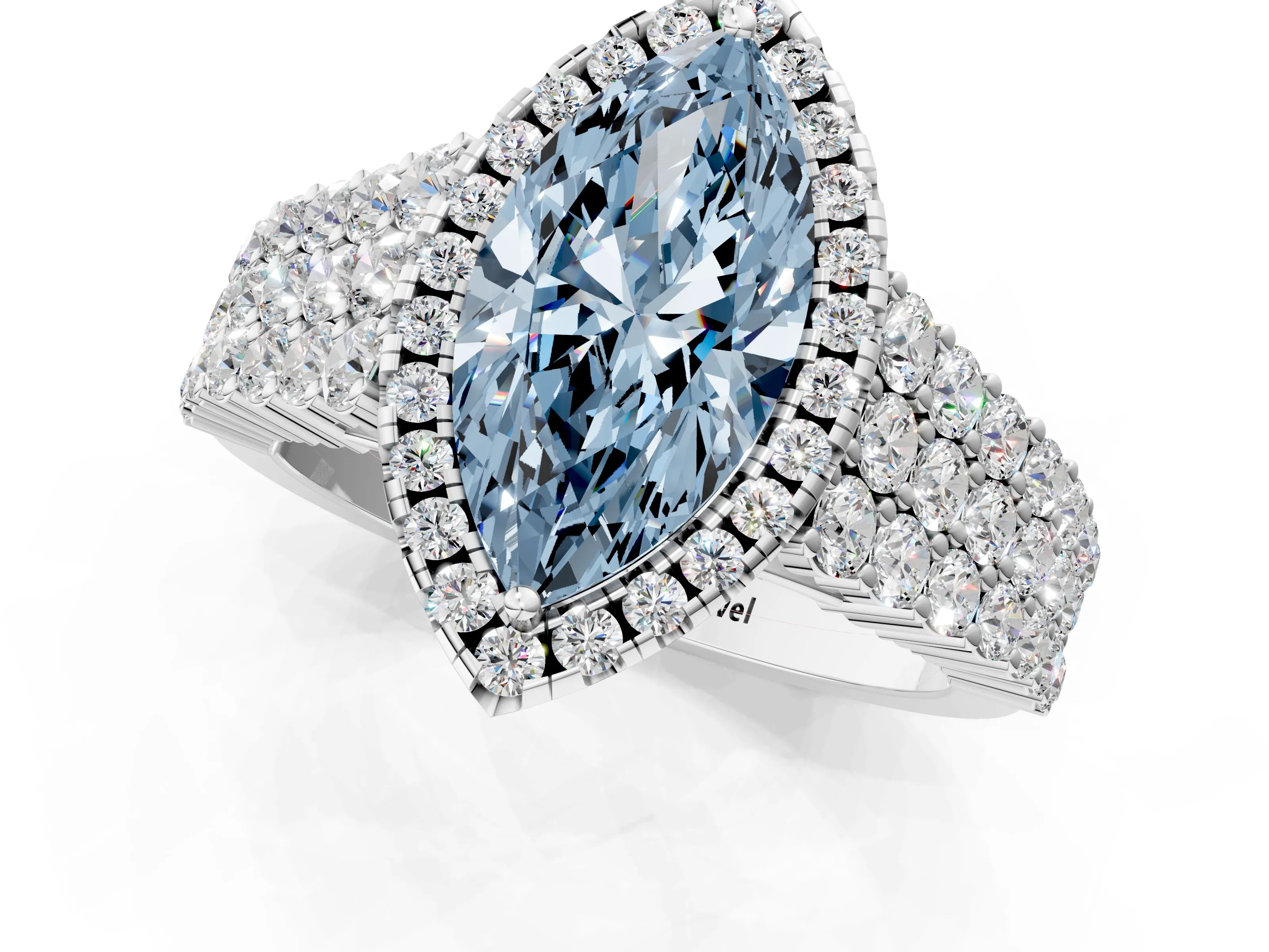 White gold Fancy Blue Marquise Cut Halo Pavé Diamond Engagement Ring with Split Shank and Four-Prong Setting_4
