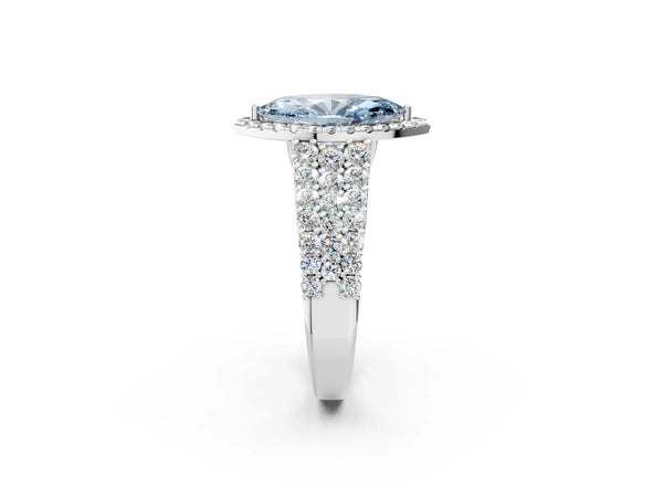 White gold Fancy Blue Marquise Cut Halo Pavé Diamond Engagement Ring with Split Shank and Four-Prong Setting