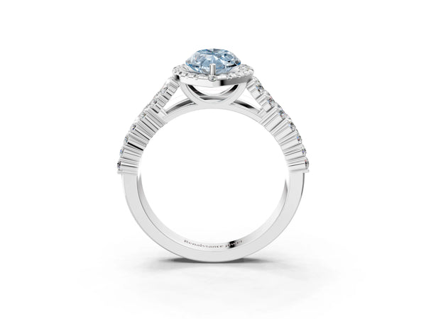 White gold Fancy Blue Marquise Cut Halo Pavé Diamond Engagement Ring with Split Shank and Four-Prong Setting