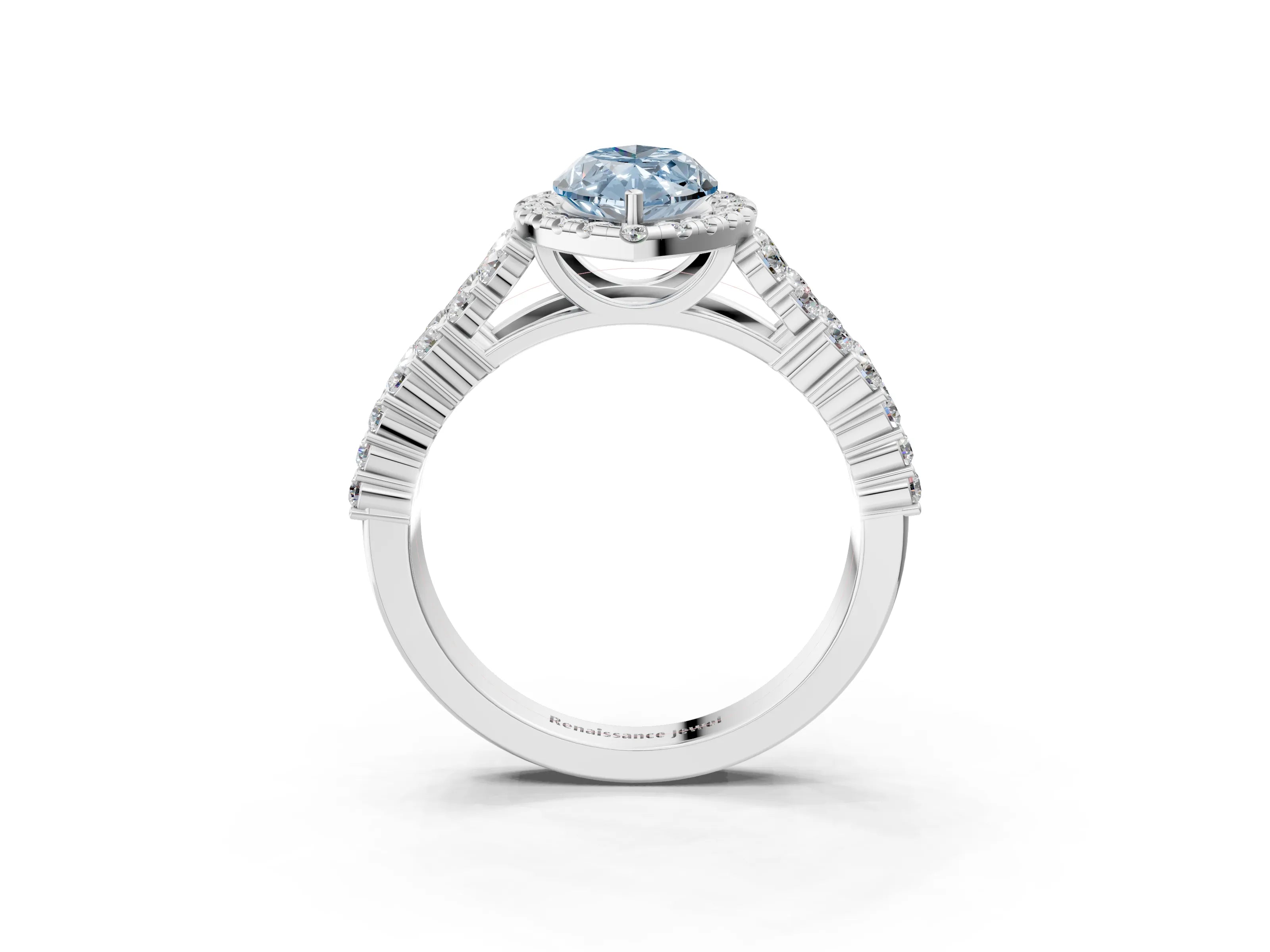 White gold Fancy Blue Marquise Cut Halo Pavé Diamond Engagement Ring with Split Shank and Four-Prong Setting_6