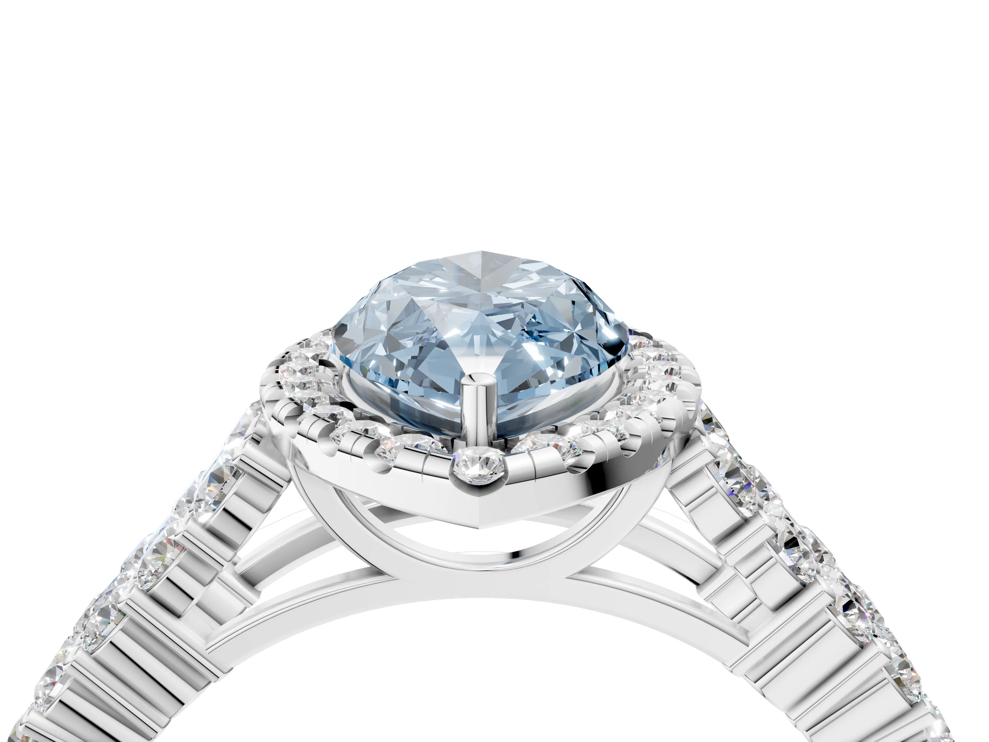 White gold Fancy Blue Marquise Cut Halo Pavé Diamond Engagement Ring with Split Shank and Four-Prong Setting_7