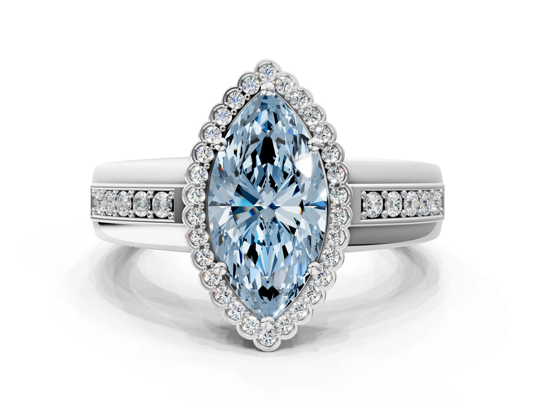 White gold Fancy Blue Marquise  Cut Halo Pave Band Four-Prong Ring_95