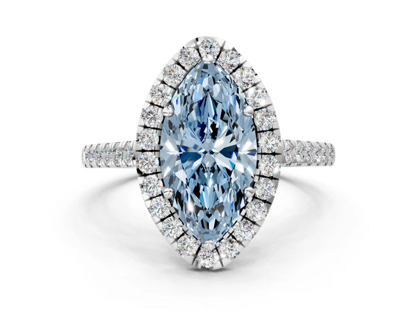 White gold Fancy Blue Marquise Cut Halo Pave Diamond Engagement Ring with Four-Prong Setting
