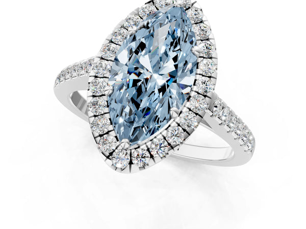White gold Fancy Blue Marquise Cut Halo Pave Diamond Engagement Ring with Four-Prong Setting