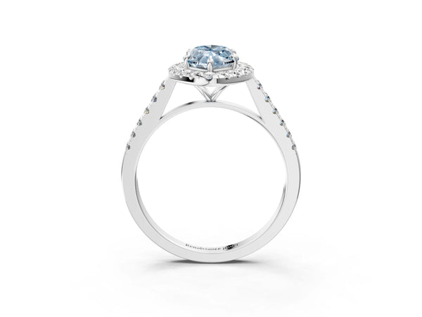 White gold Fancy Blue Marquise Cut Halo Pave Diamond Engagement Ring with Four-Prong Setting