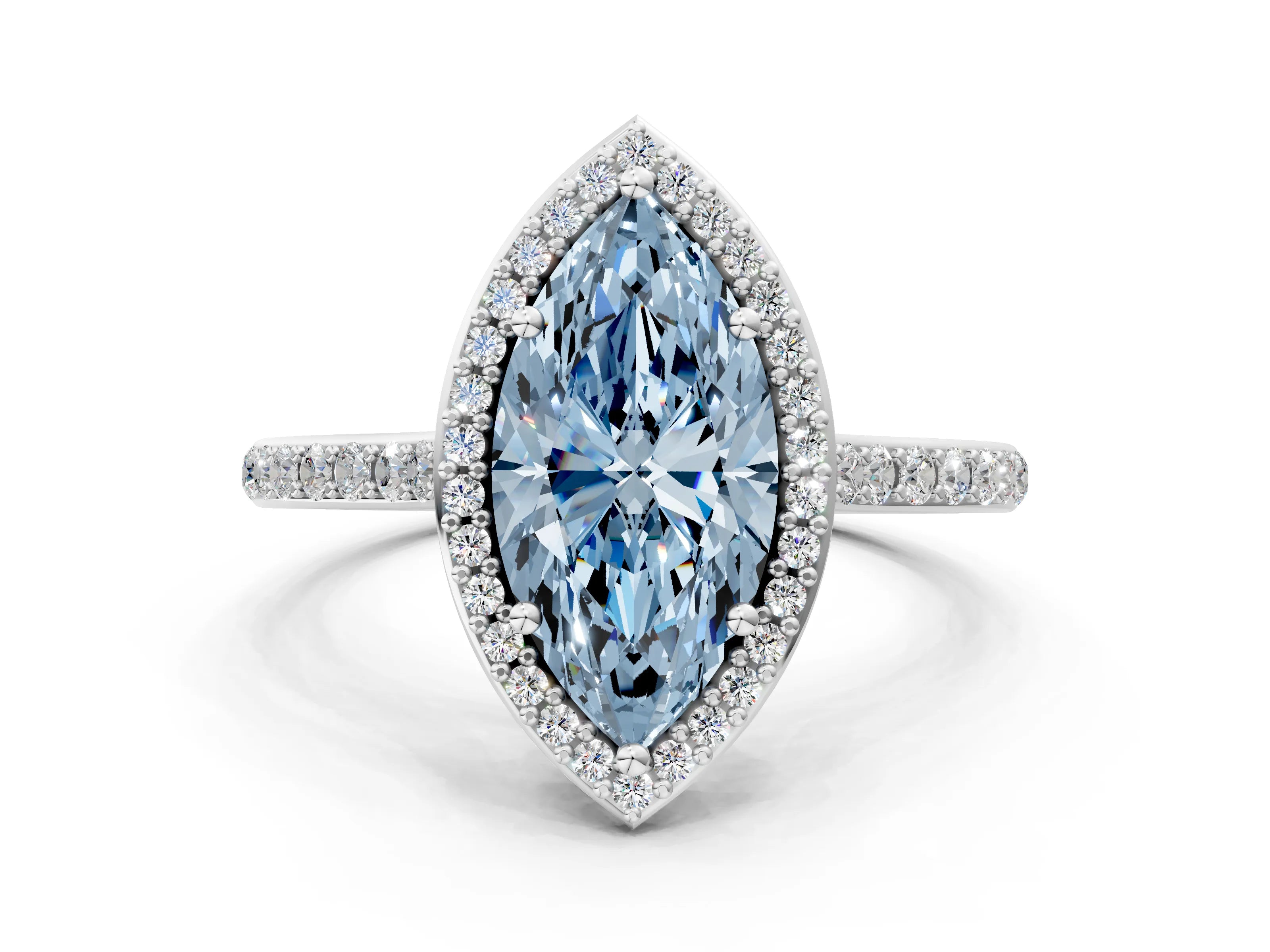 White gold Fancy Blue Marquise Cut Halo Round Diamond Pavé Band with Four-Prong Setting_15
