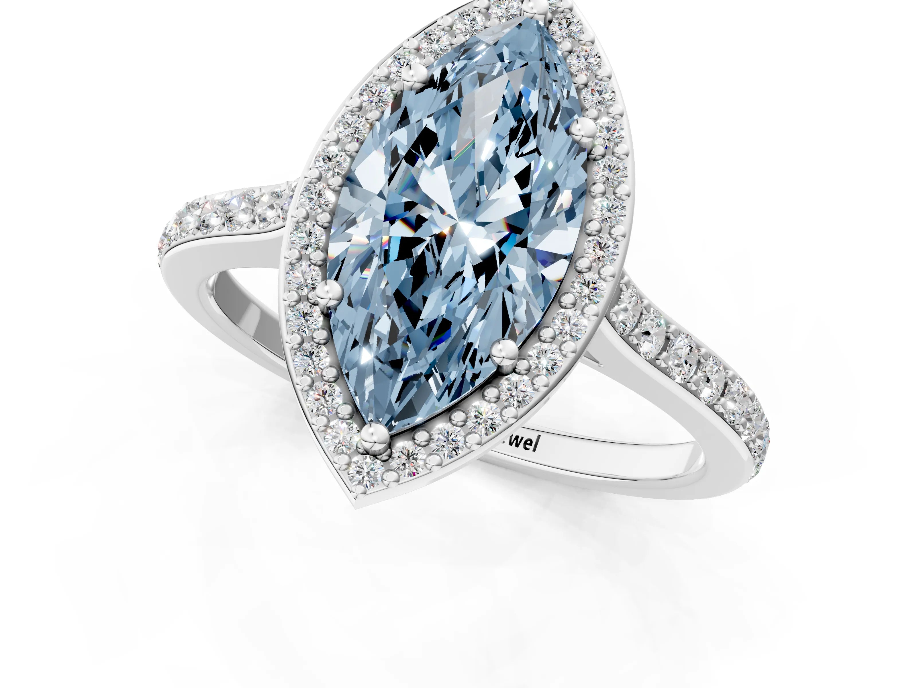 White gold Fancy Blue Marquise Cut Halo Round Diamond Pavé Band with Four-Prong Setting_16