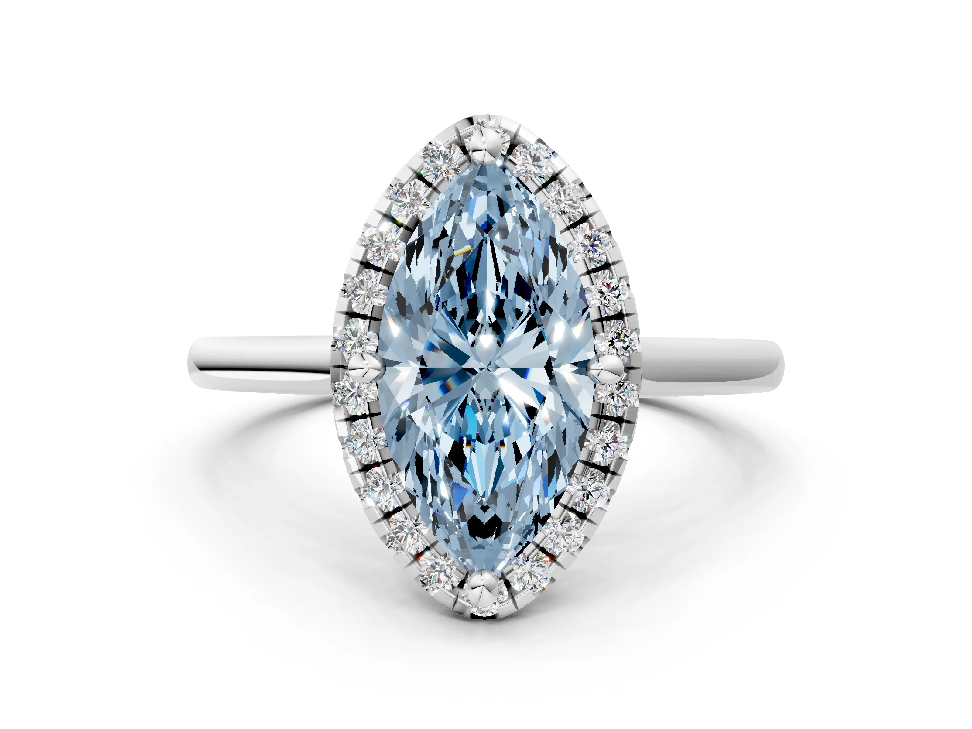 White gold Fancy Blue Marquise Cut Halo Round Diamond Solitaire Engagement Ring with Pave Band and Four-Prong Setting_24