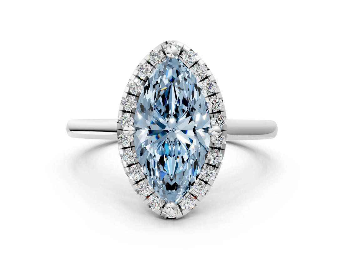 White gold Fancy Blue Marquise Cut Halo Round Diamond Solitaire Engagement Ring with Pave Band and Four-Prong Setting_25