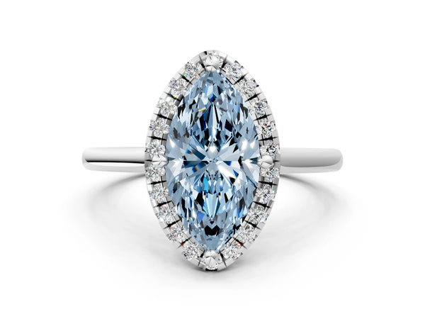 Platinum Fancy Blue Marquise Cut Halo Round Diamond Solitaire Engagement Ring with Pave Band and Four-Prong Setting