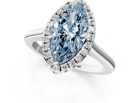 White gold Fancy Blue Marquise Cut Halo Round Diamond Solitaire Engagement Ring with Pave Band and Four-Prong Setting_25