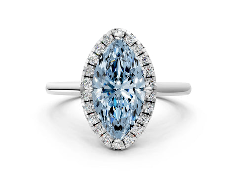 White gold Fancy Blue Marquise Cut Halo Round Diamond Solitaire Engagement Ring with Pave Band and Four-Prong Setting_25