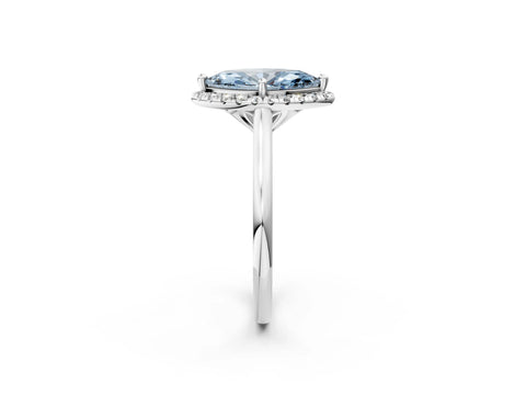 White gold Fancy Blue Marquise Cut Halo Round Diamond Solitaire Engagement Ring with Pave Band and Four-Prong Setting_26