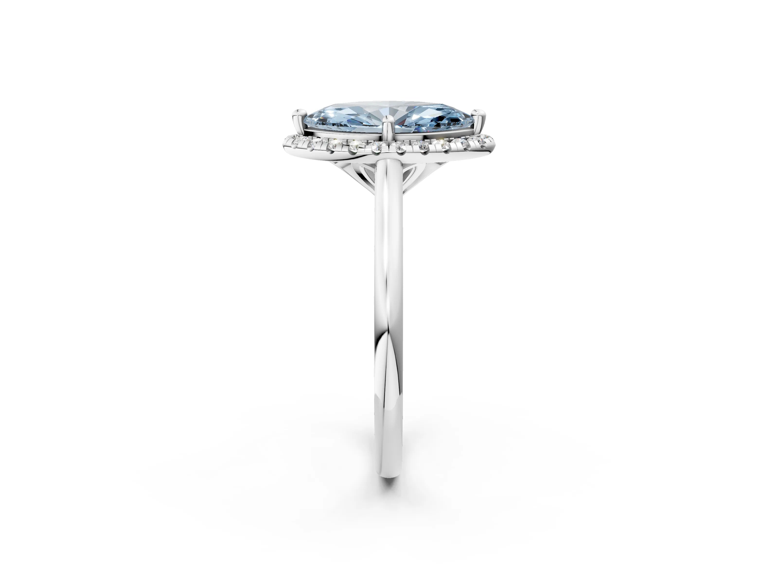 White gold Fancy Blue Marquise Cut Halo Round Diamond Solitaire Engagement Ring with Pave Band and Four-Prong Setting_26