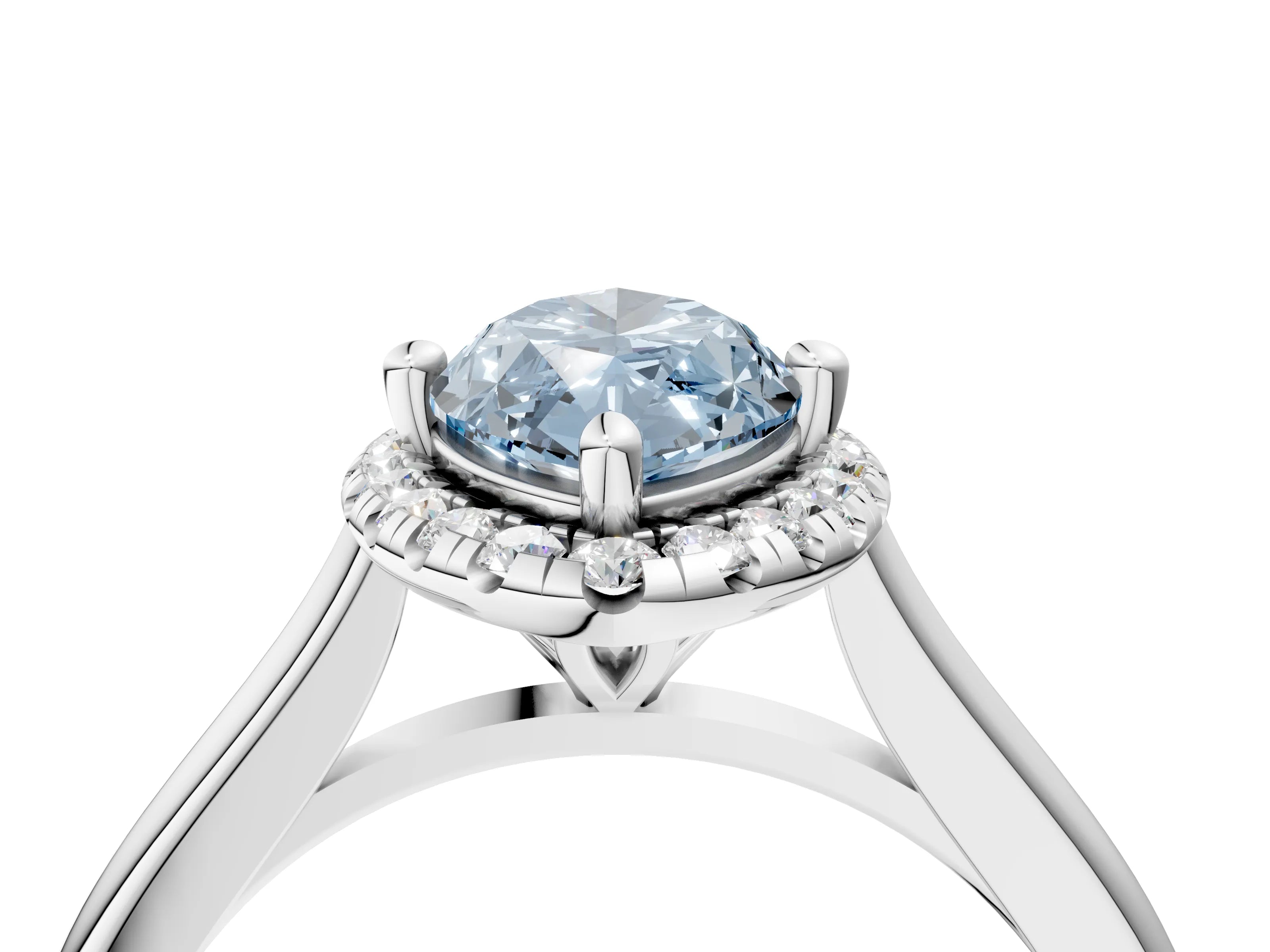 White gold Fancy Blue Marquise Cut Halo Round Diamond Solitaire Engagement Ring with Pave Band and Four-Prong Setting_28