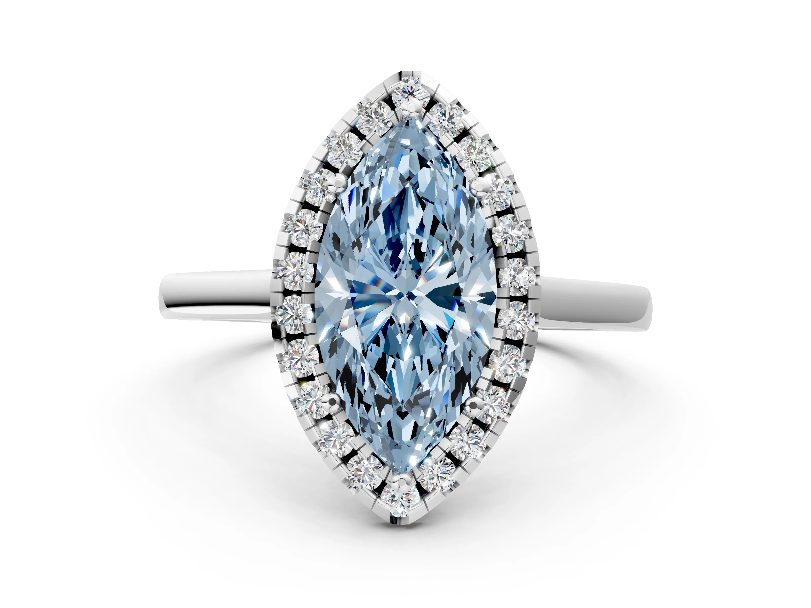 White gold Fancy Blue Marquise Cut Halo Round Diamond Solitaire Ring with Pavé Band and Four-Prong Setting