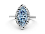 White gold Fancy Blue Marquise Cut Halo Round Diamond Solitaire Ring with Pavé Band and Four-Prong Setting