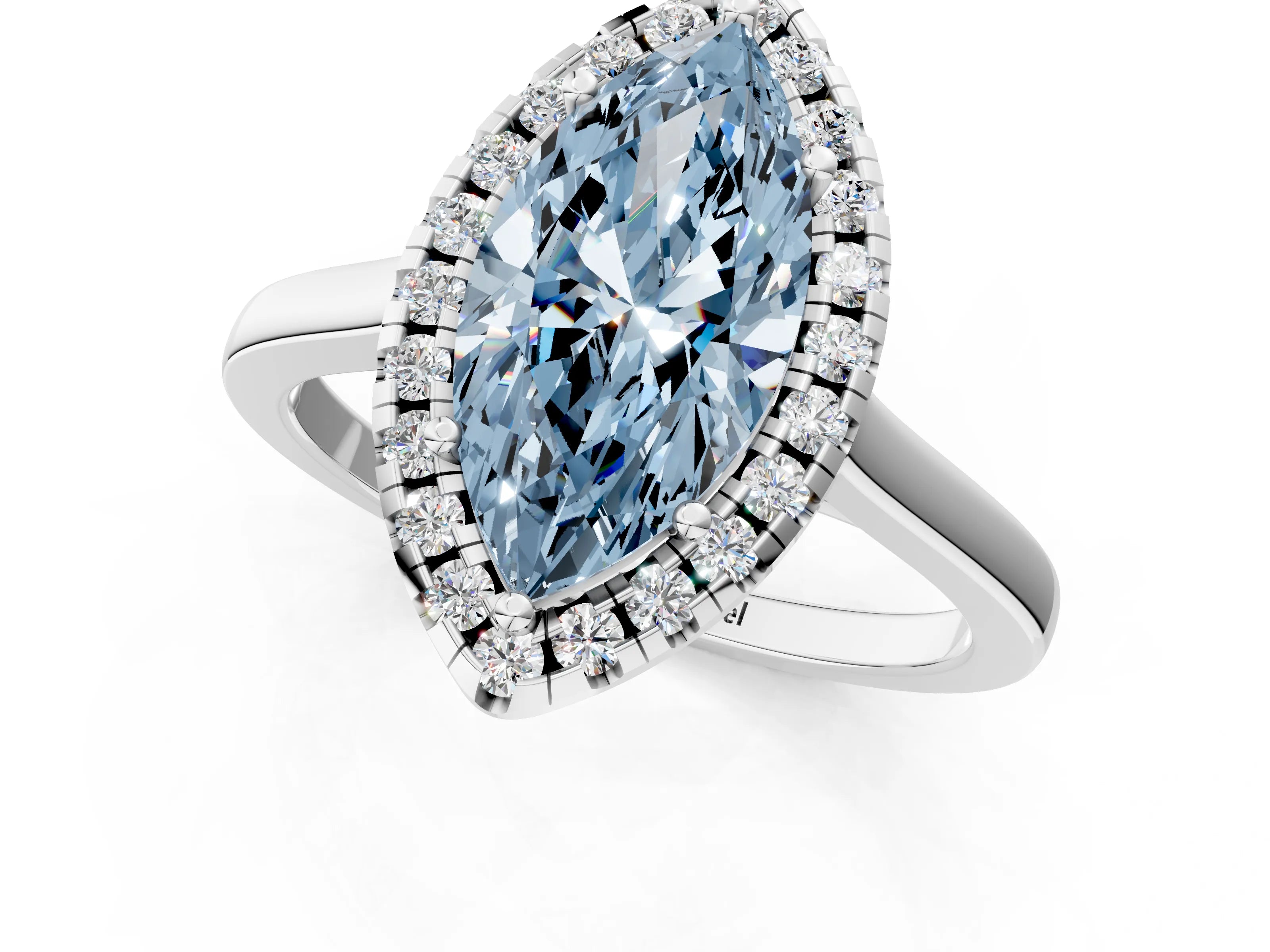White gold Fancy Blue Marquise Cut Halo Round Diamond Solitaire Ring with Pavé Band and Four-Prong Setting_1