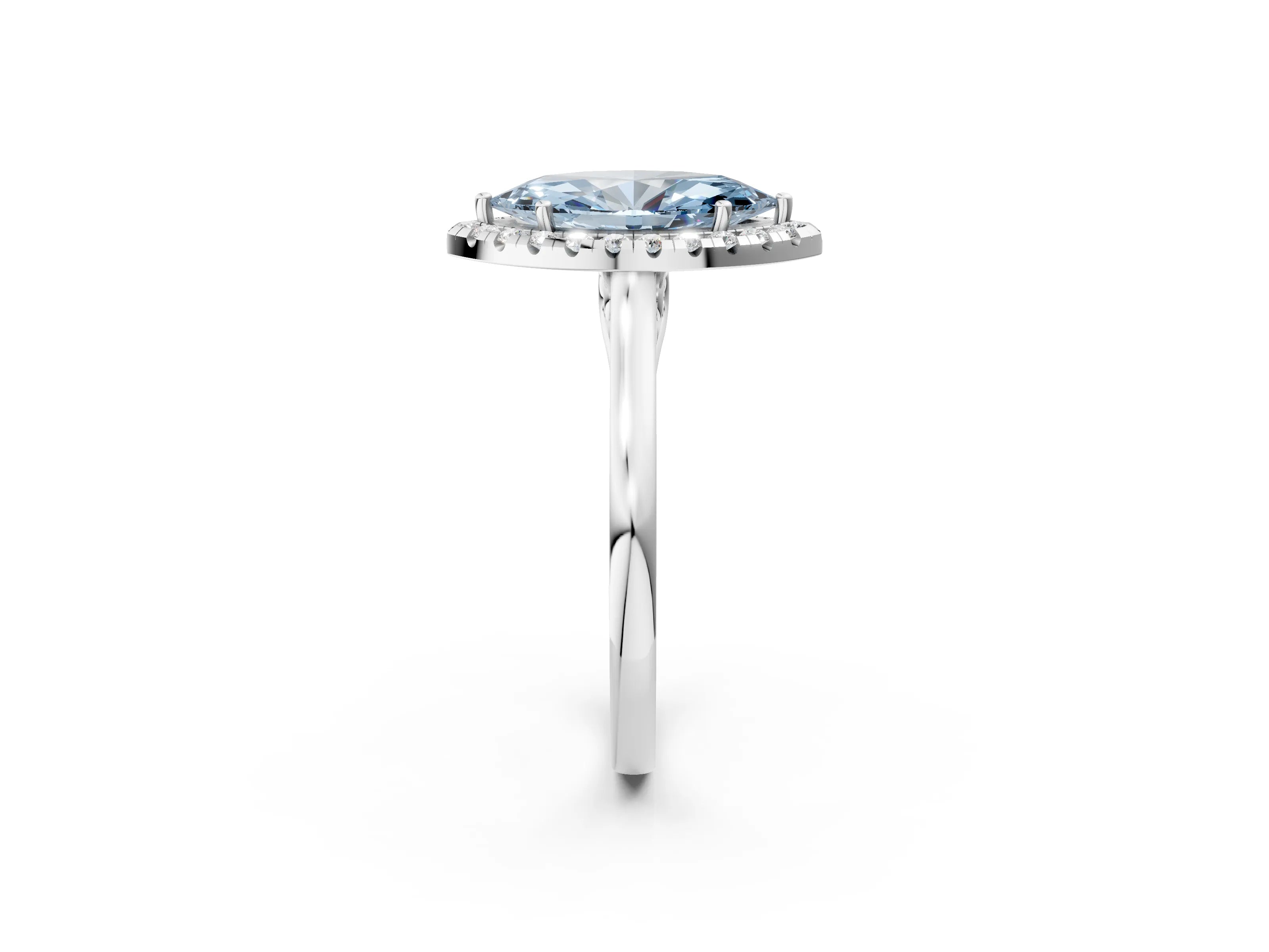 White gold Fancy Blue Marquise Cut Halo Round Diamond Solitaire Ring with Pavé Band and Four-Prong Setting_2