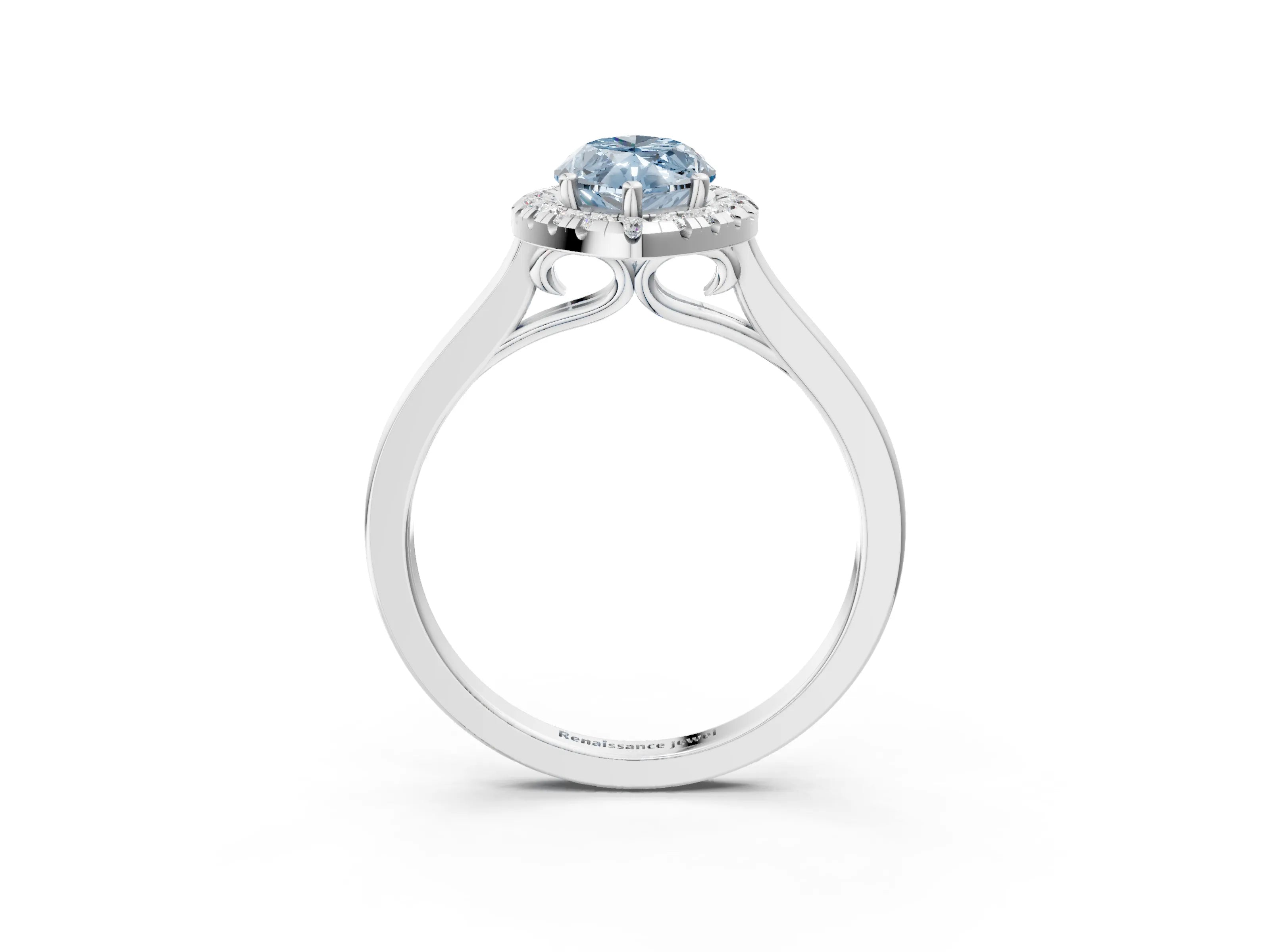 White gold Fancy Blue Marquise Cut Halo Round Diamond Solitaire Ring with Pavé Band and Four-Prong Setting_3