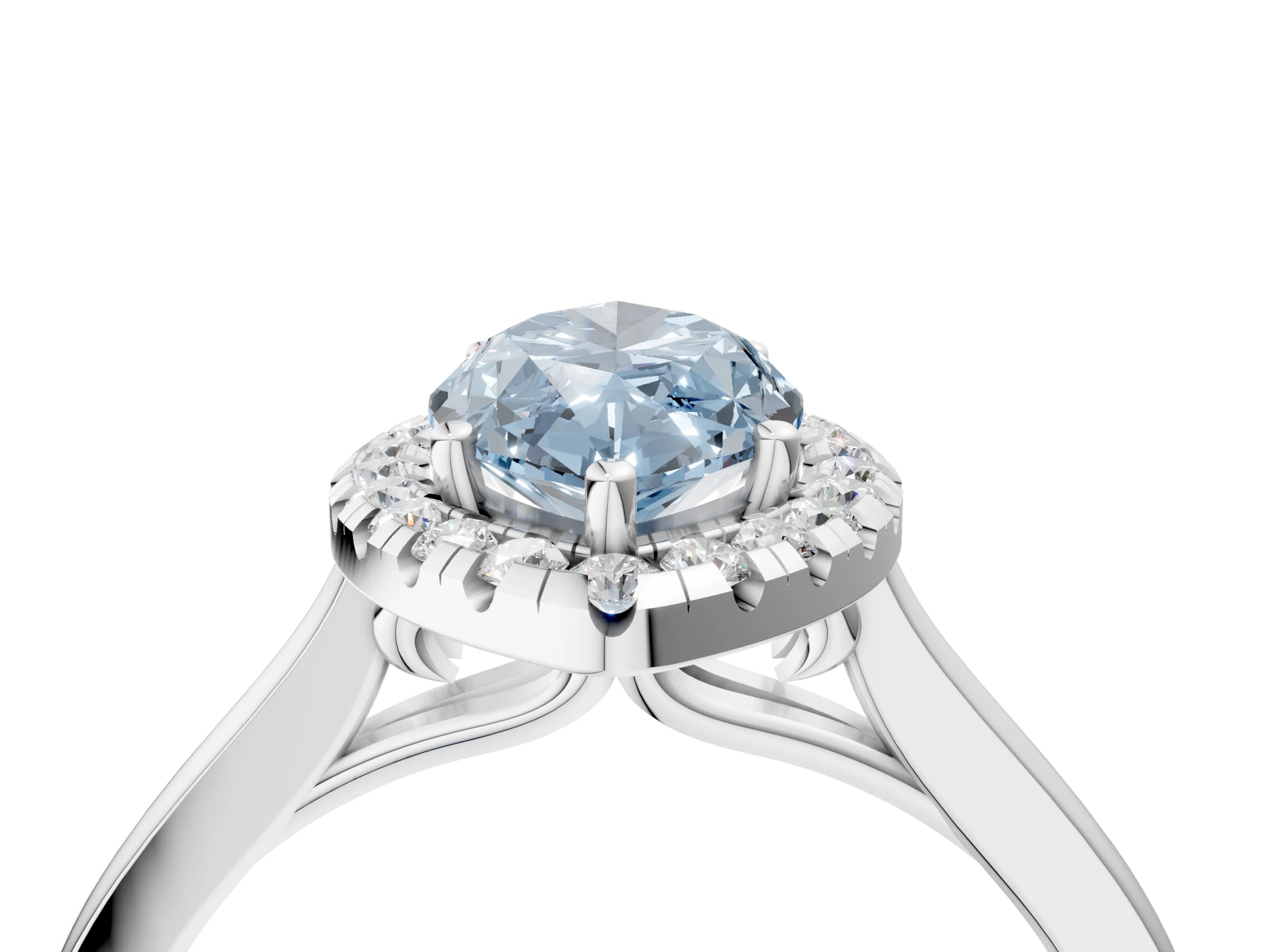 White gold Fancy Blue Marquise Cut Halo Round Diamond Solitaire Ring with Pavé Band and Four-Prong Setting_4