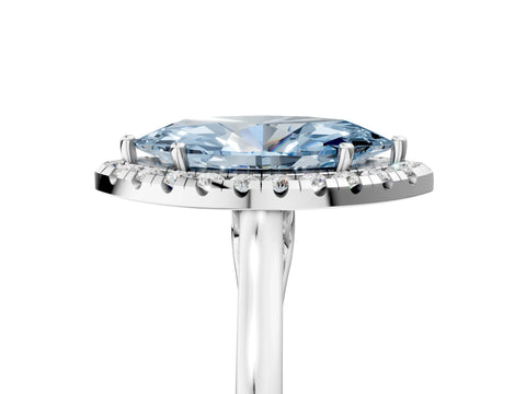 White gold Fancy Blue Marquise Cut Halo Round Diamond Solitaire Ring with Pavé Band and Four-Prong Setting_5