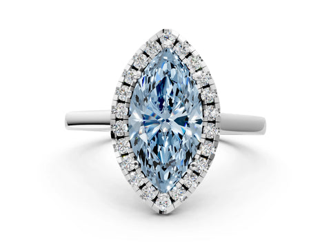 White gold Fancy Blue Marquise Cut Halo Round Diamond Solitaire Ring with Pavé Band and Four-Prong Setting