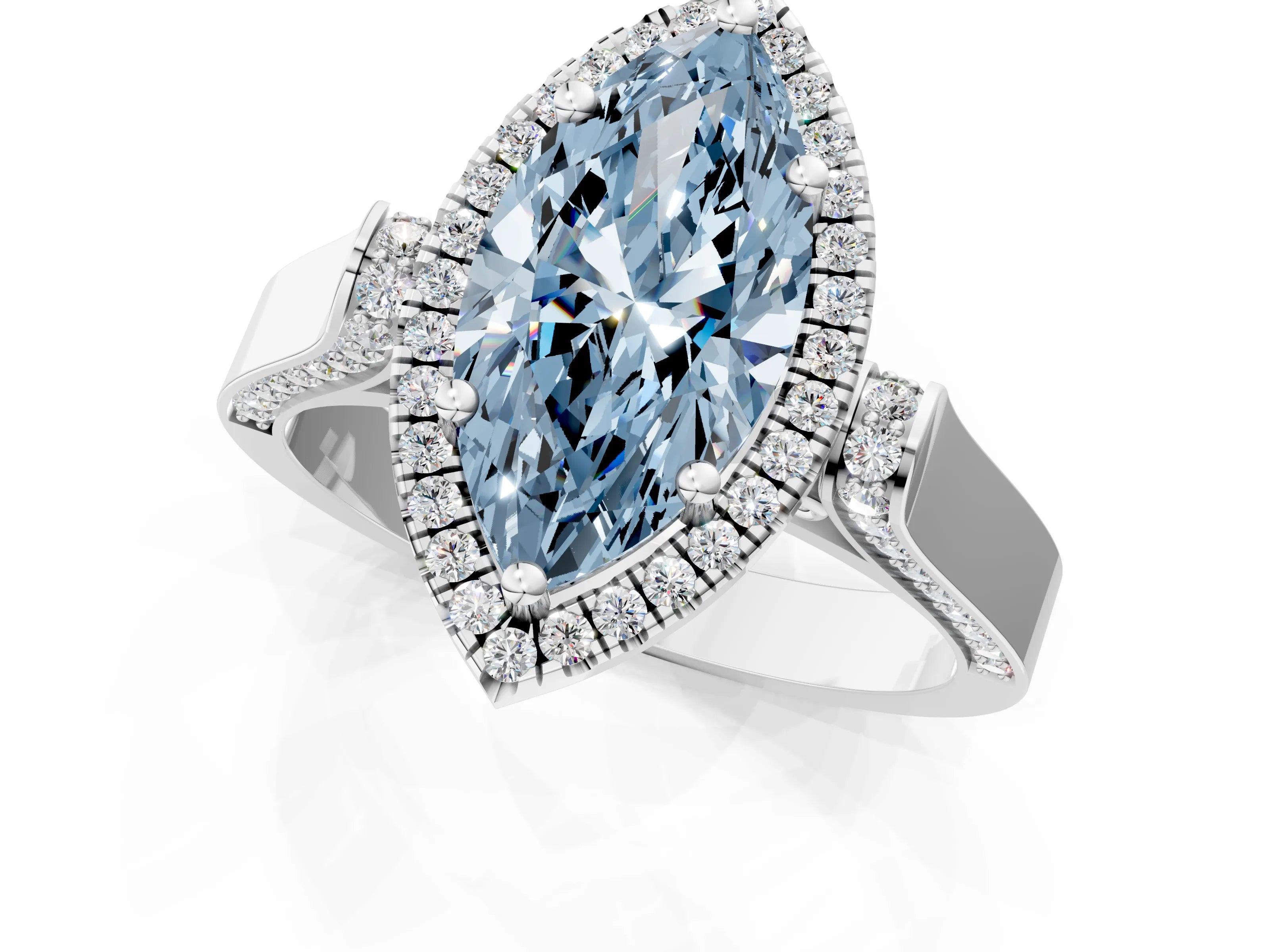 White gold Fancy Blue Marquise Cut Halo Round Diamond Twist Band with Four-Prong Setting_1