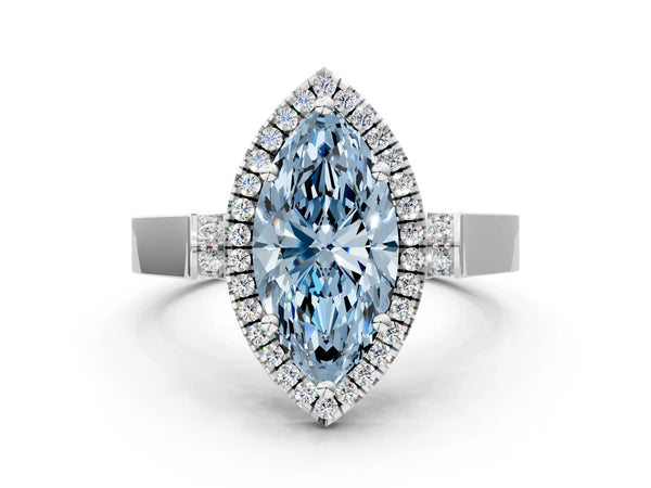 Platinum Fancy Blue Marquise Cut Halo Round Diamond Twist Band with Four-Prong Setting