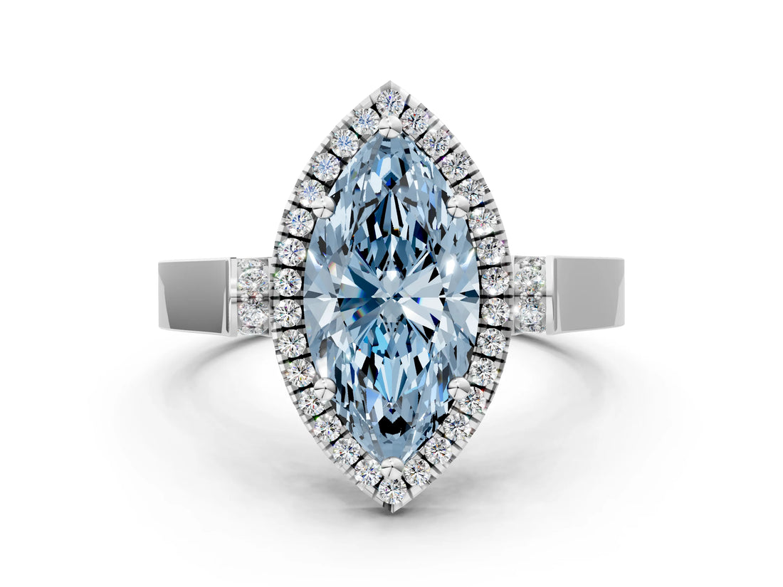 White gold Fancy Blue Marquise Cut Halo Round Diamond Twist Band with Four-Prong Setting_24