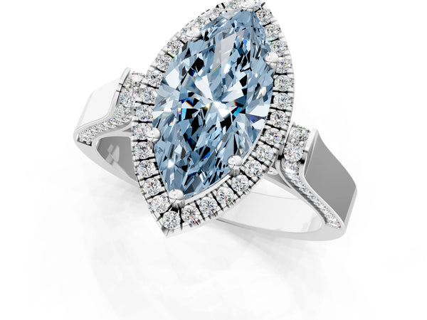 Platinum Fancy Blue Marquise Cut Halo Round Diamond Twist Band with Four-Prong Setting